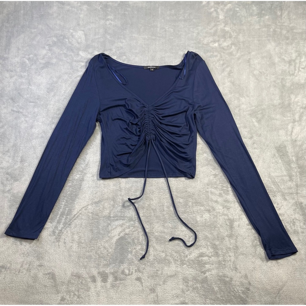 Ambiance Crop Top Womens XL Navy Blue Excellent Ruched V-Neck Long Sleeve